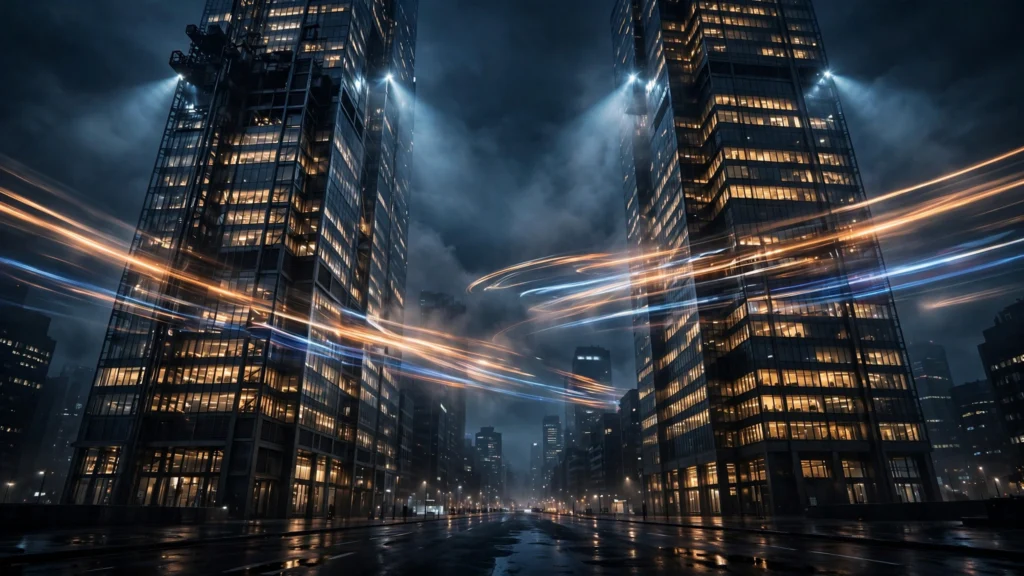 Two glass skyscrapers at night with streaks of racing light between them, picturing the $30 billion fundraising sprint ahead of Anthropic's IPO.