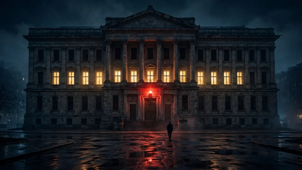 A grand government building at night, half its windows dark, a red emergency warning light burning above the entrance doors, a lone silhouetted figure walking away across a wet plaza reflecting the glow