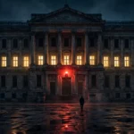 A grand government building at night, half its windows dark, a red emergency warning light burning above the entrance doors, a lone silhouetted figure walking away across a wet plaza reflecting the glow