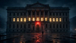 A grand government building at night, half its windows dark, a red emergency warning light burning above the entrance doors, a lone silhouetted figure walking away across a wet plaza reflecting the glow