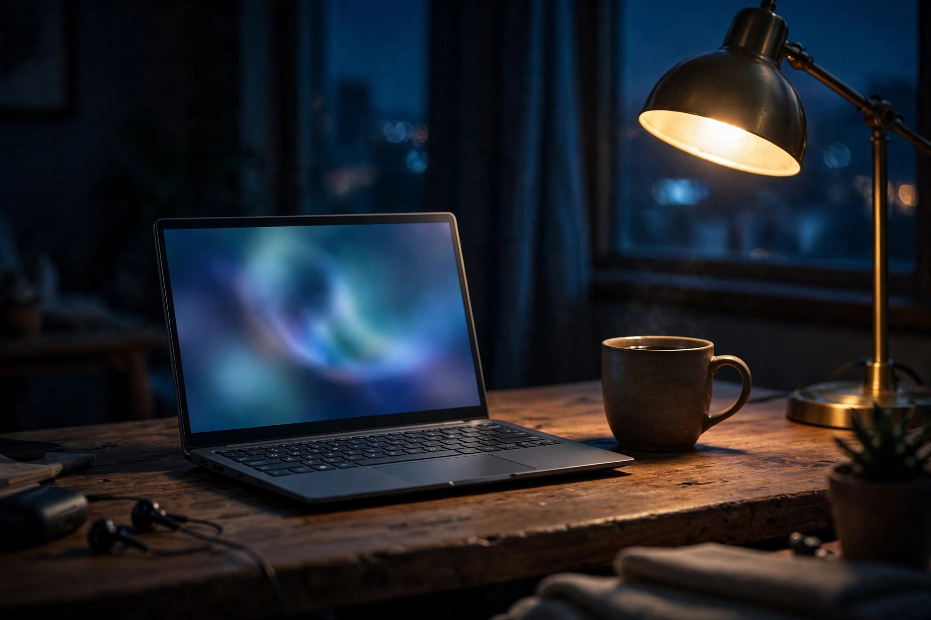 A compact laptop glowing softly on a desk in a dim room.
