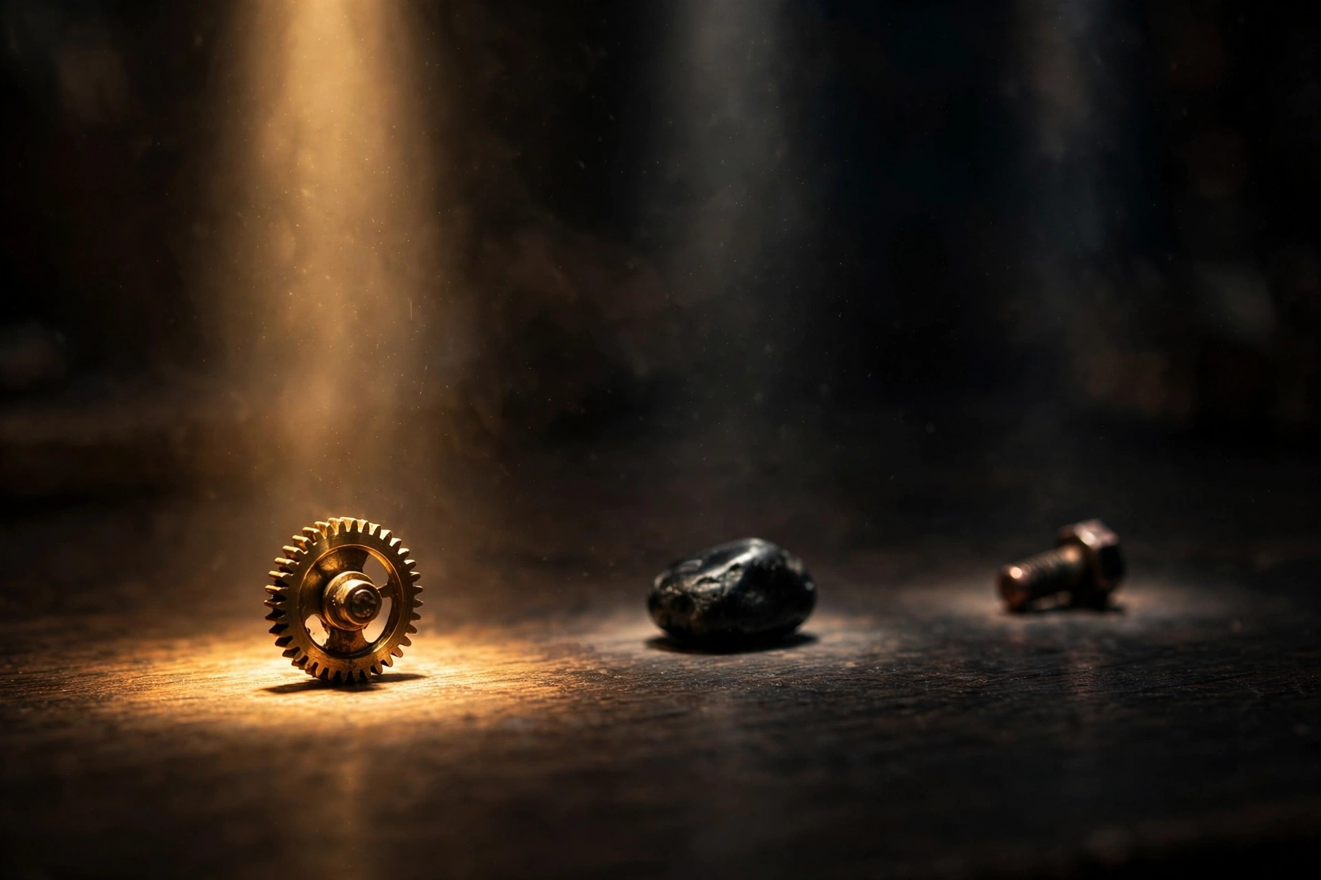 Three objects in a row under spotlights, the first lit warmly, evoking a race ranking.