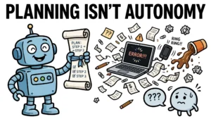 A cartoon robot proudly holds a perfect plan scroll while the real task erupts into chaos around it — an erroring laptop, a ringing phone, and spilled coffee.