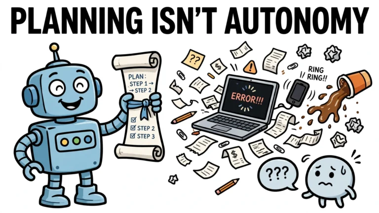 A cartoon robot proudly holds a perfect plan scroll while the real task erupts into chaos around it — an erroring laptop, a ringing phone, and spilled coffee.