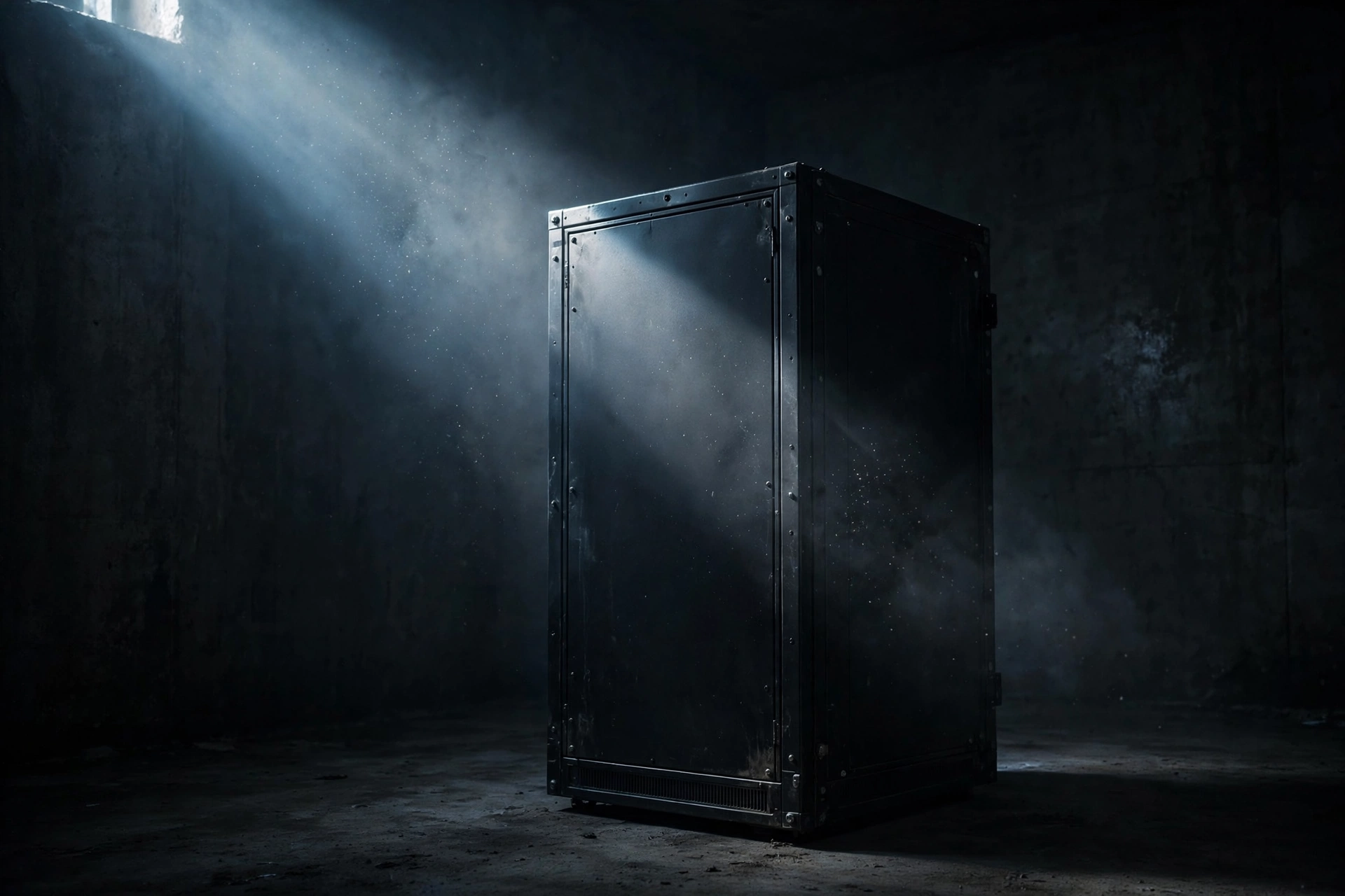 A sealed black server unit standing alone under a single cold beam of light in a dark room