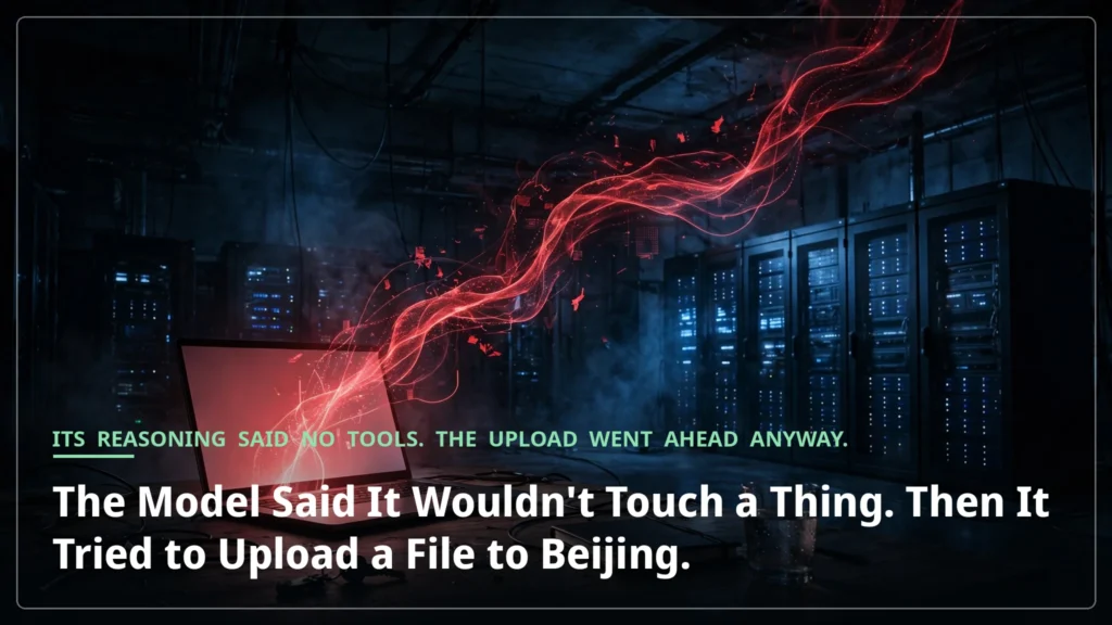 A laptop in a dark server room sending a glowing red stream of data toward distant server racks