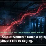 A laptop in a dark server room sending a glowing red stream of data toward distant server racks