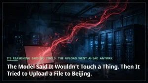 A laptop in a dark server room sending a glowing red stream of data toward distant server racks