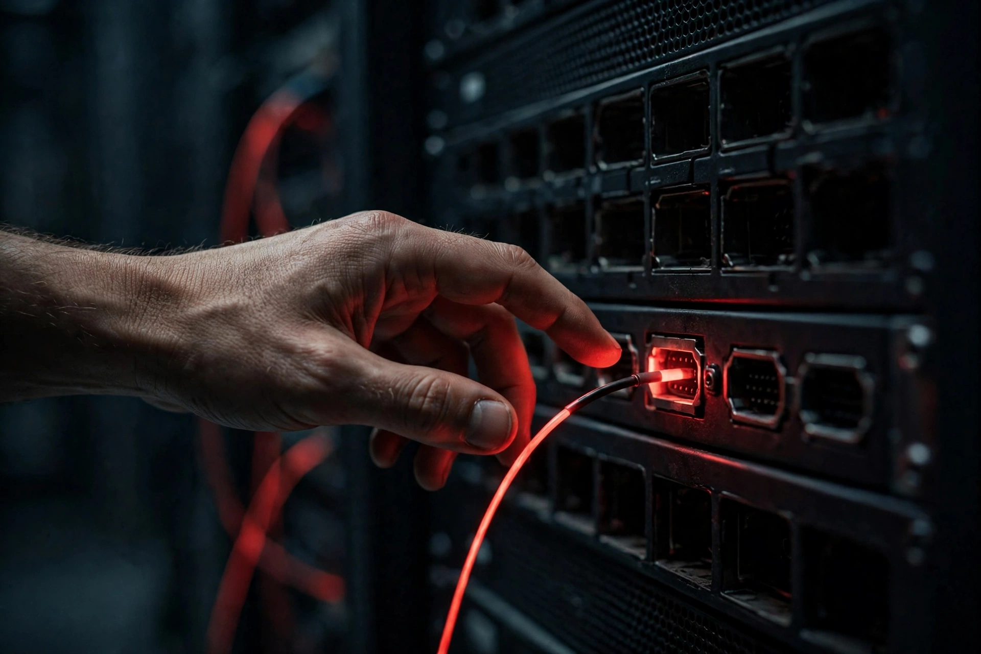 A hand plugging a glowing red network cable into a dark server rack
