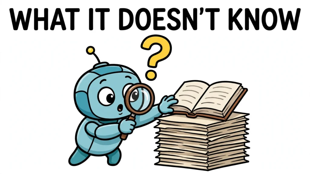 Cartoon AI agent with a magnifying glass looking up information in a book, headline: What it doesn't know