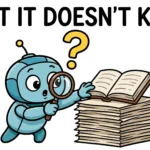 Cartoon AI agent with a magnifying glass looking up information in a book, headline: What it doesn't know