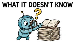 Cartoon AI agent with a magnifying glass looking up information in a book, headline: What it doesn't know