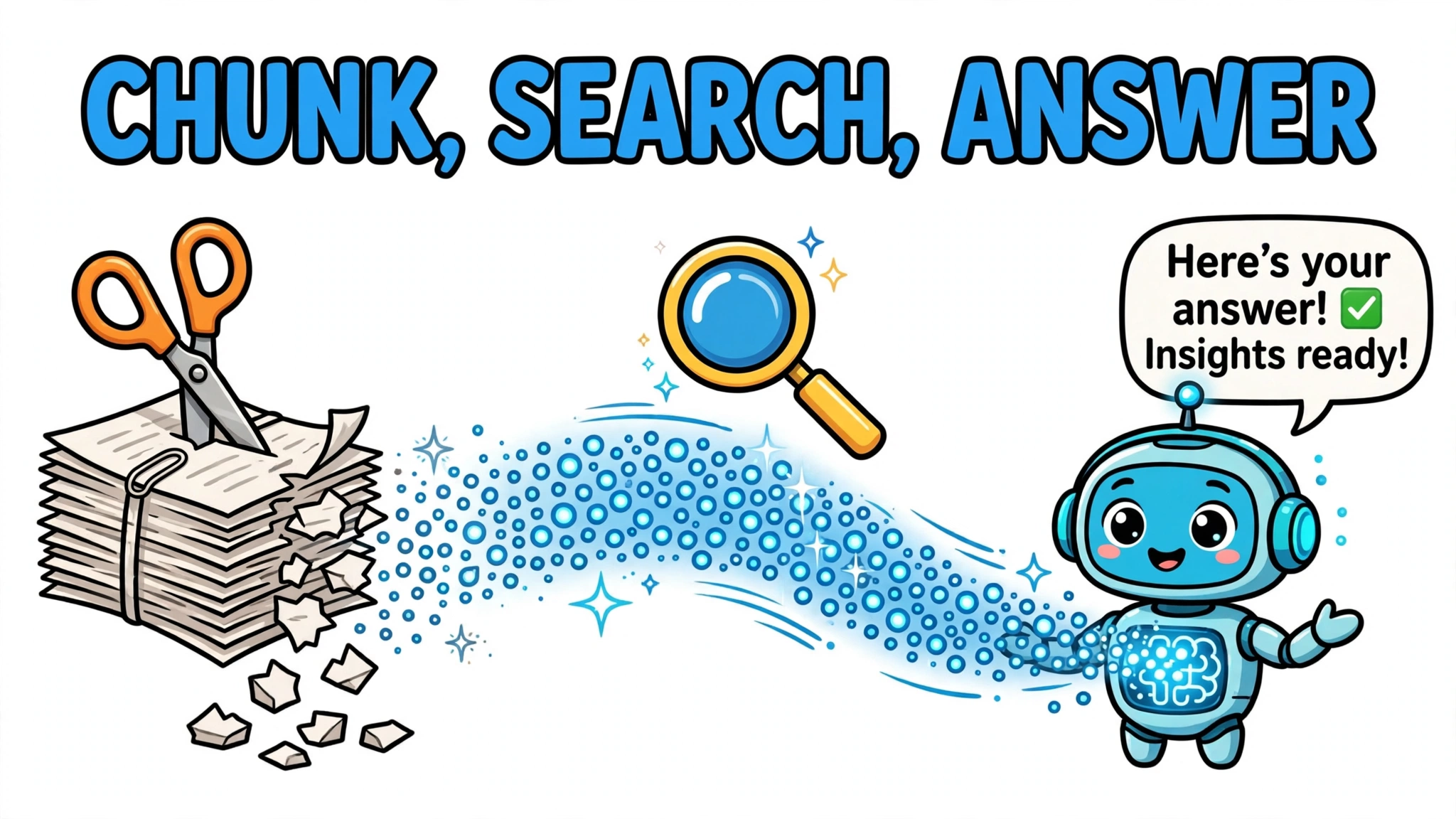 Cartoon pipeline showing documents cut into chunks that become search dots flowing to an agent