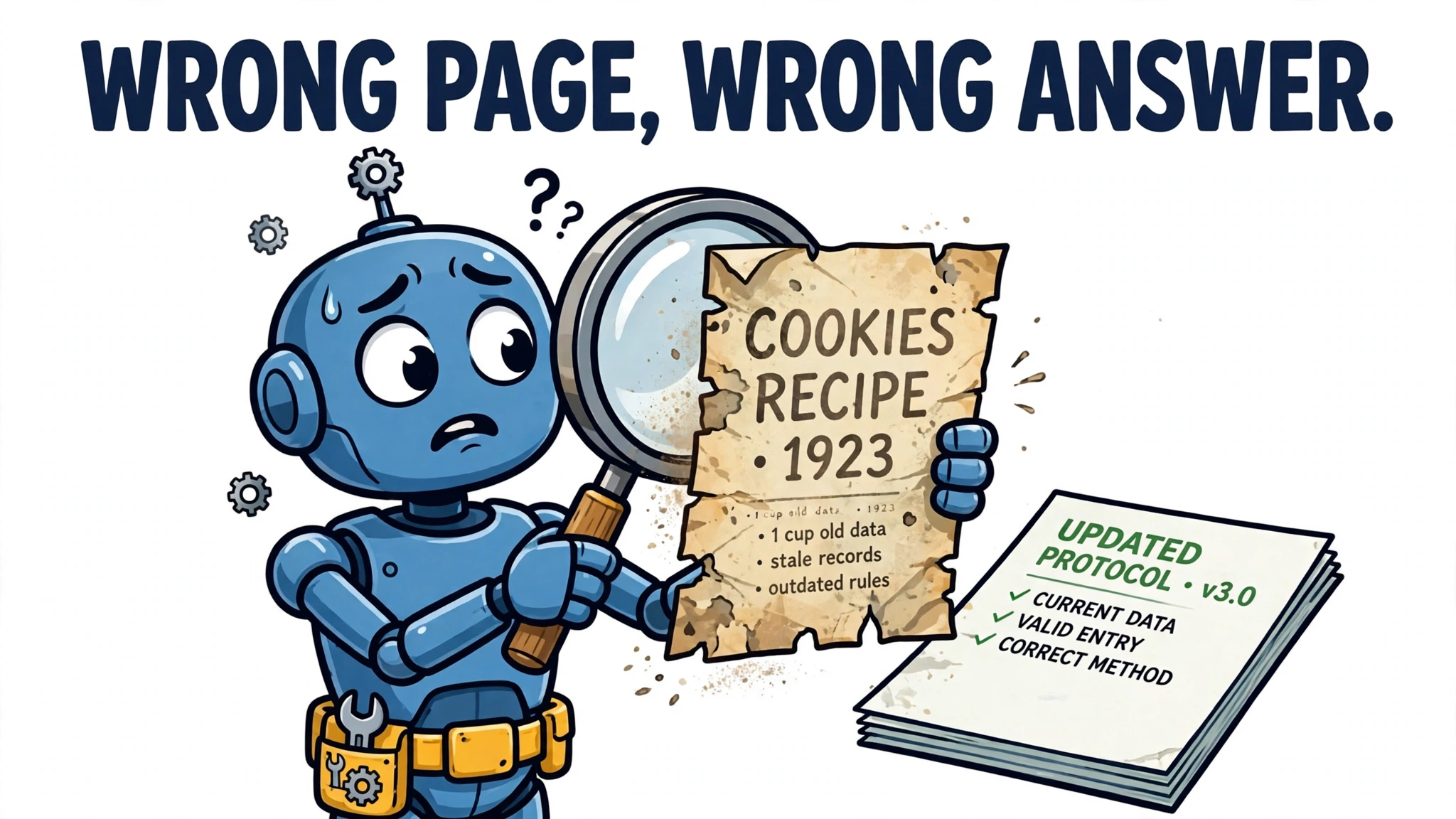 Puzzled cartoon agent holding a stale old page while an updated protocol sits ignored
