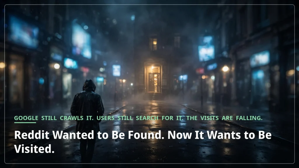 A lone figure walks through a rainy night street toward a warmly lit doorway, past glowing screens