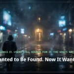 A lone figure walks through a rainy night street toward a warmly lit doorway, past glowing screens