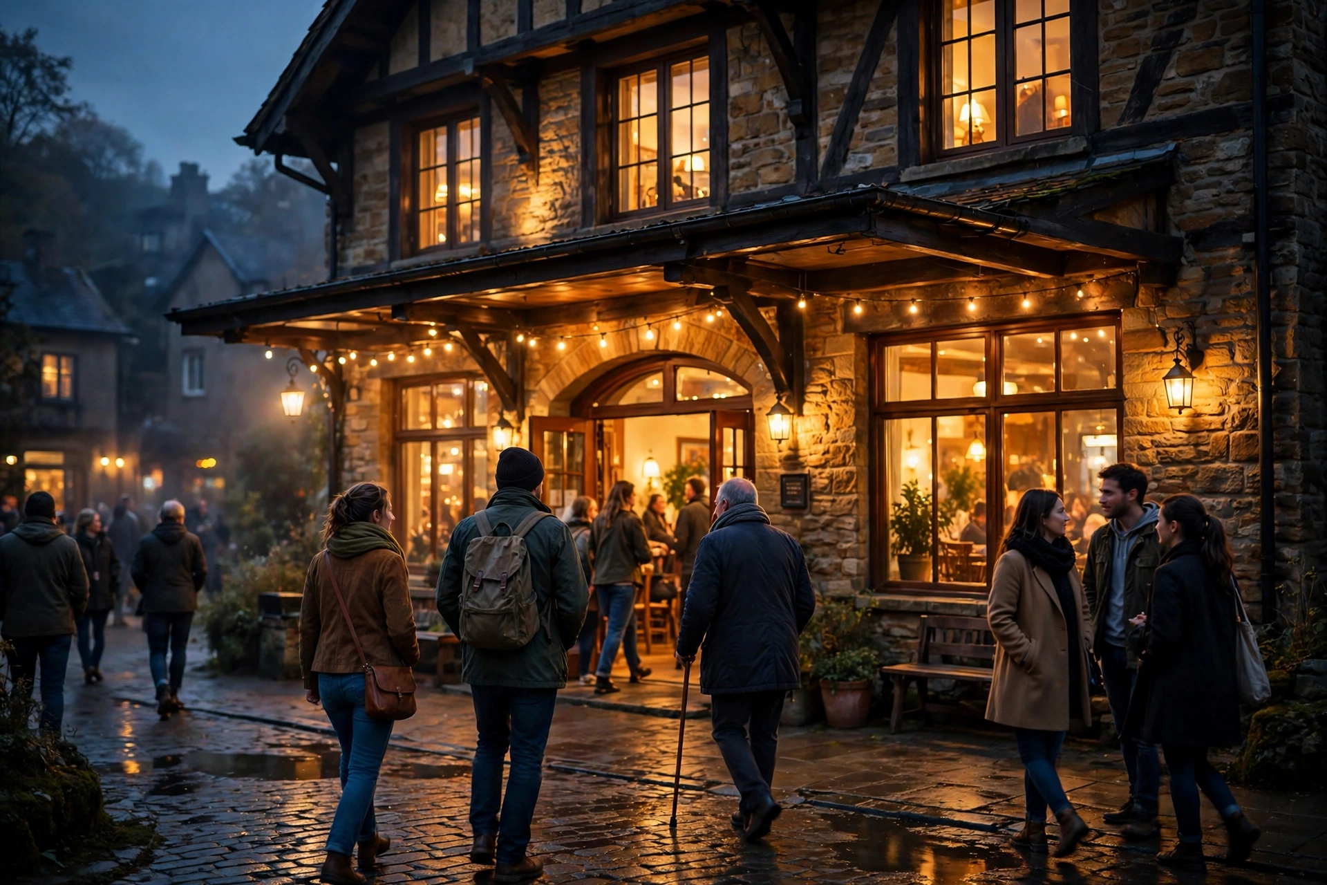 People walk into a warmly lit gathering place in the evening