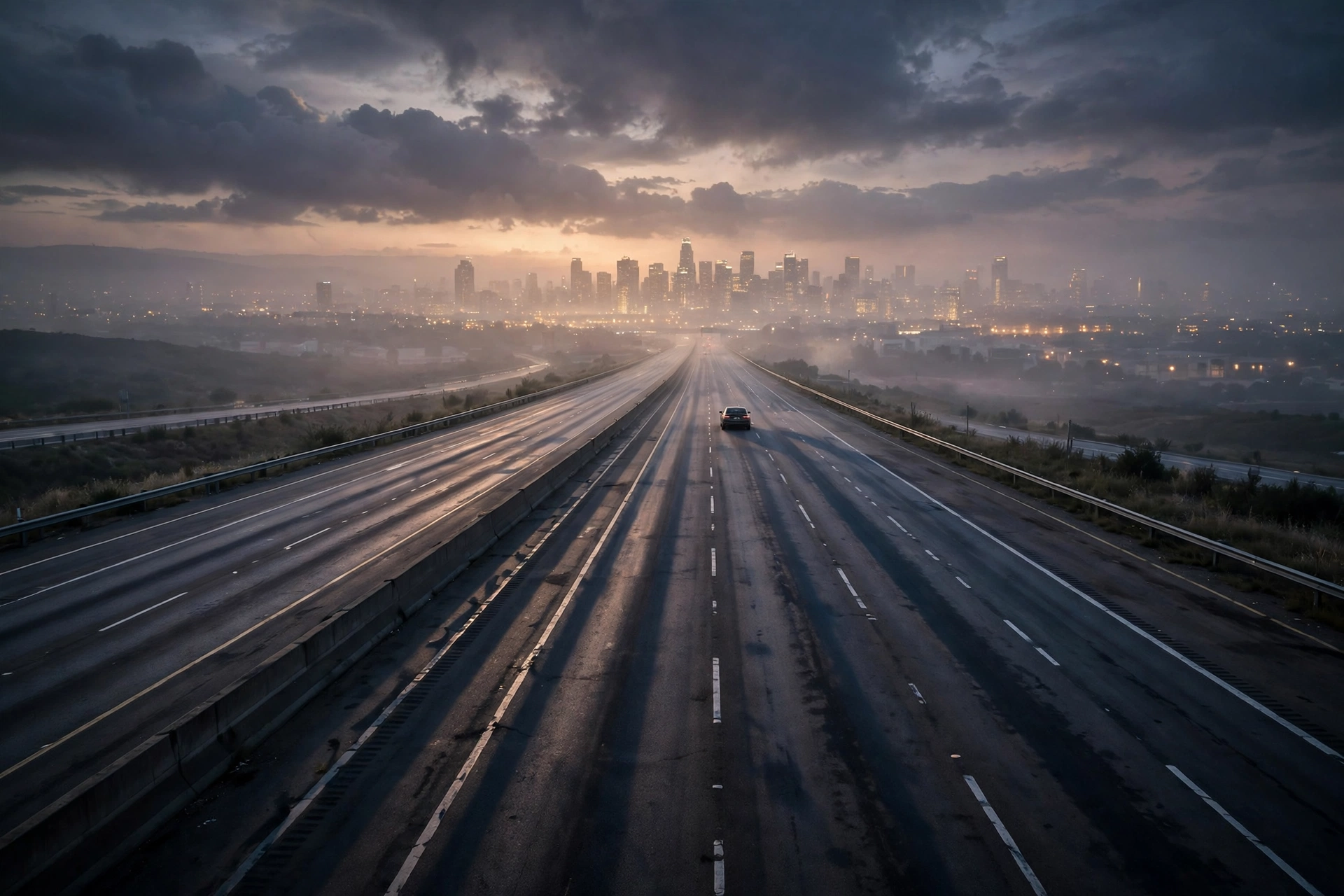An almost empty highway stretches toward a glowing city skyline at dusk