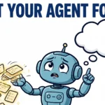 A forgetful cartoon AI agent robot with an empty thought bubble as glowing fact cards slip from its hand