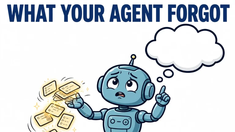 A forgetful cartoon AI agent robot with an empty thought bubble as glowing fact cards slip from its hand