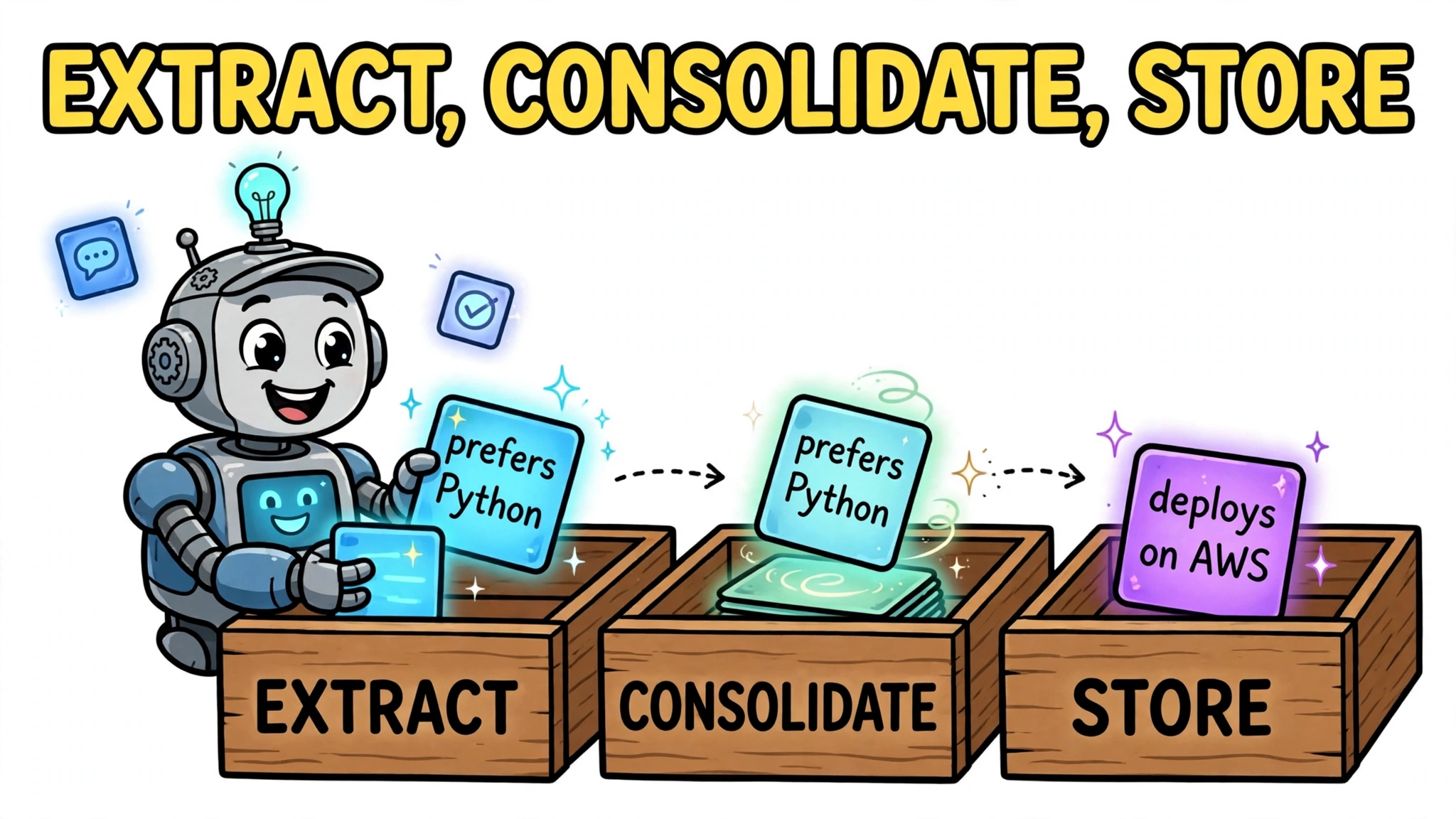 A cartoon AI agent robot sorting fact cards into drawers labelled Extract, Consolidate, Store