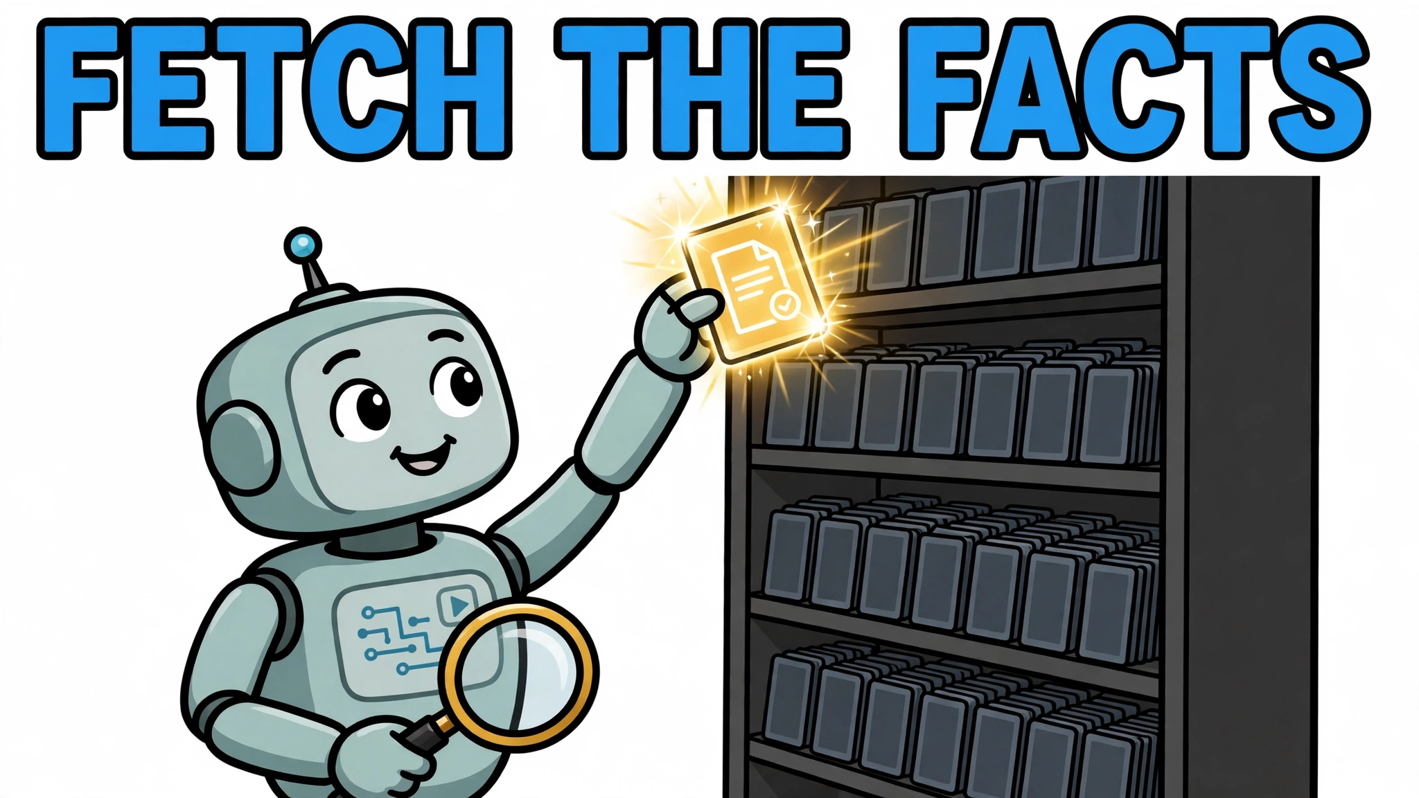 A cartoon AI agent robot with a magnifying glass pulling one glowing fact card from a shelf of memories