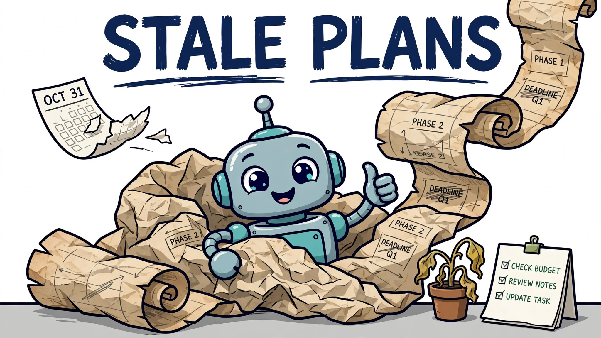 A cartoon robot buried under a crumpled, stale plan scroll, with a torn calendar, a wilting plant, and a fresh checklist nearby.