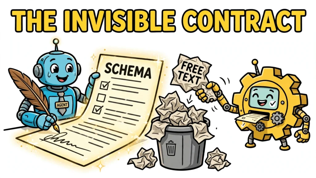 Cartoon robot agent signing a glowing SCHEMA contract while crumpled FREE TEXT pages land in a trash bin — featured illustration for the article on structured output in AI agents