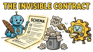 Cartoon robot agent signing a glowing SCHEMA contract while crumpled FREE TEXT pages land in a trash bin — featured illustration for the article on structured output in AI agents