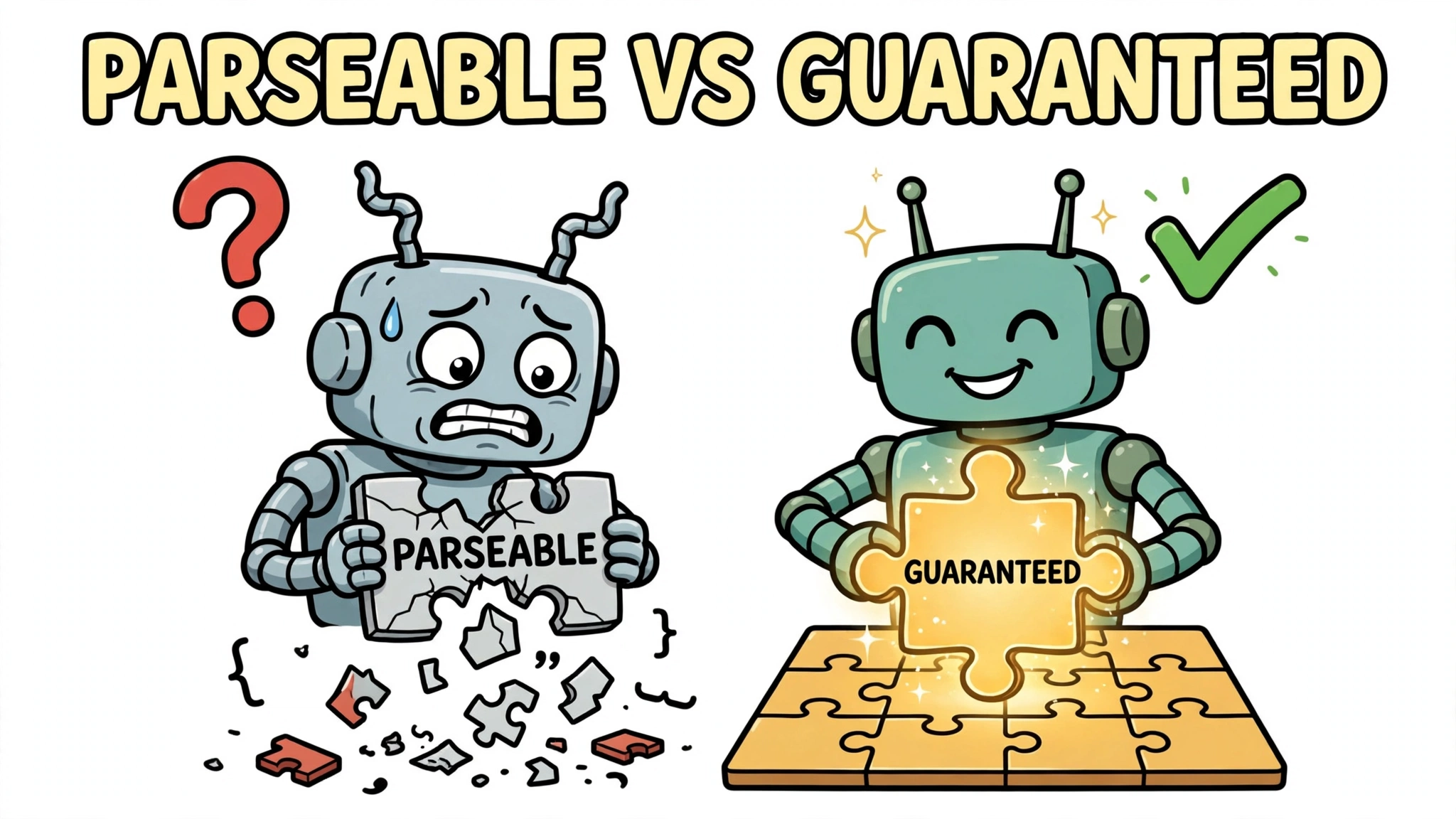 Cartoon comparison of parseable vs guaranteed structured output in AI agents: a cracked PARSEABLE puzzle piece next to a solid GUARANTEED puzzle piece slotting into place