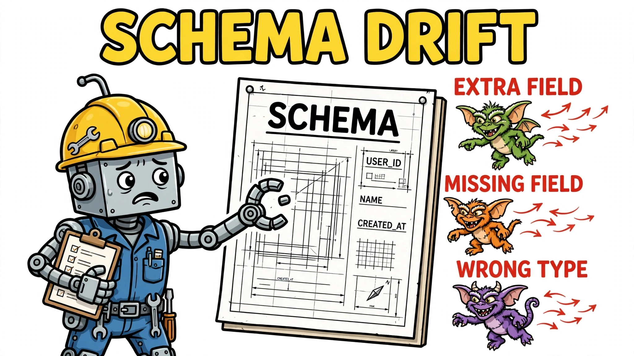 Cartoon engineer robot watching fields drift away from a SCHEMA blueprint — EXTRA FIELD, MISSING FIELD and WRONG TYPE gremlins illustrating schema drift in AI agents
