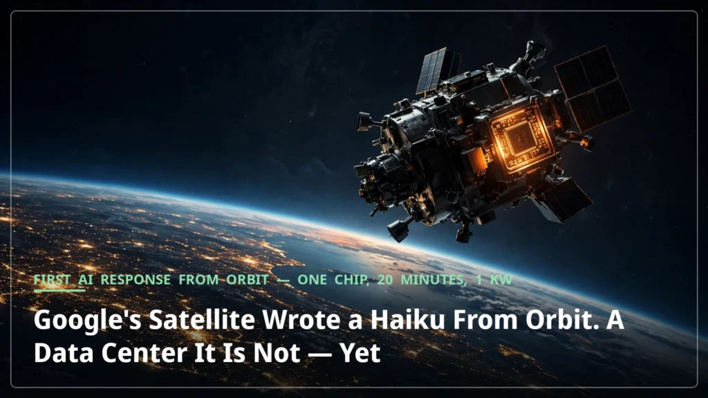 A satellite with a glowing computer chip module above Earth at night