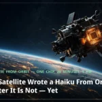 A satellite with a glowing computer chip module above Earth at night