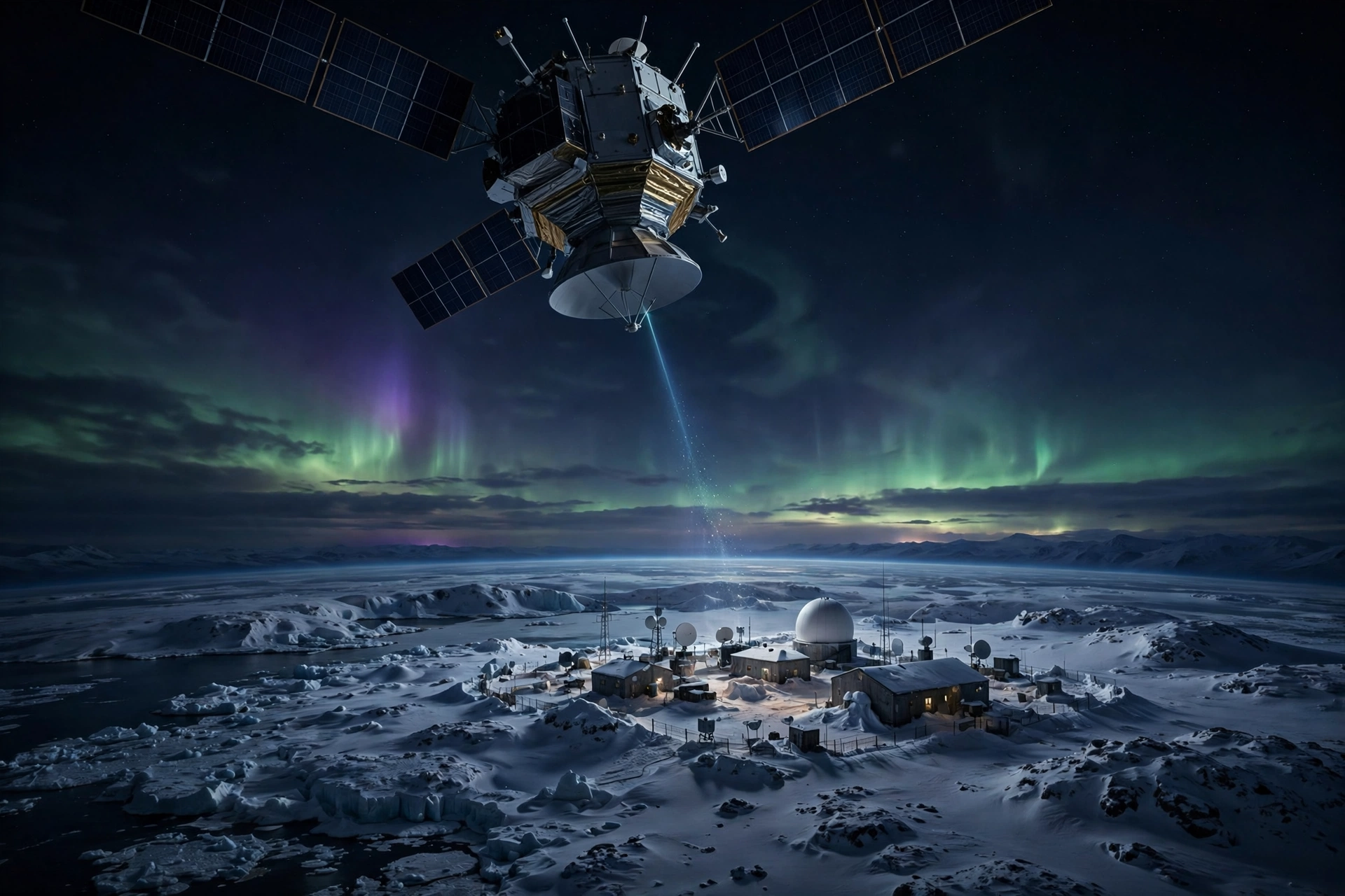 A satellite beaming a signal down to a snow-covered Arctic ground station under the aurora