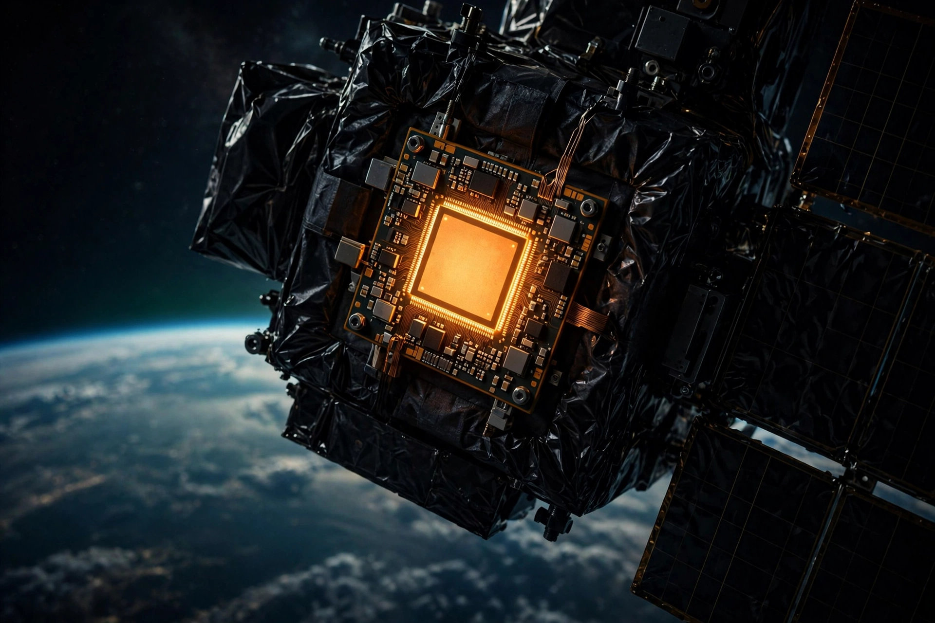 A single glowing processor chip on a dark satellite in orbit