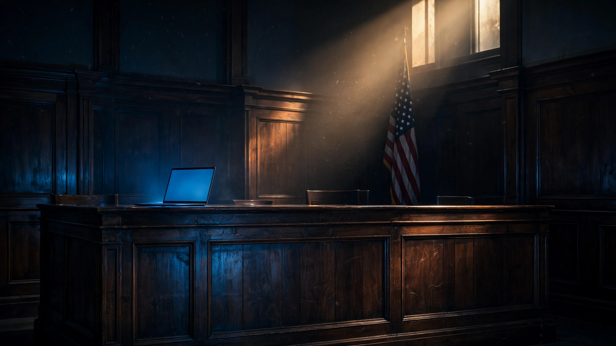 An empty judge's bench in a dark wood-panelled courtroom with a glowing laptop
