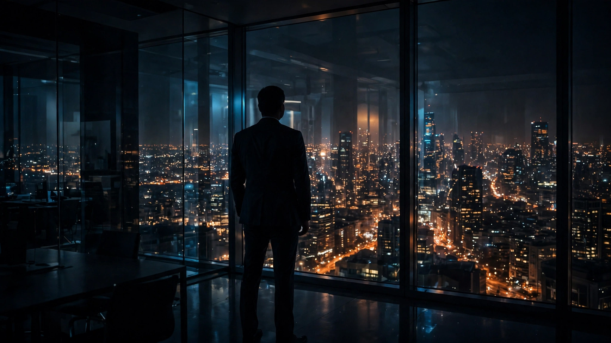 A businessman's silhouette seen from behind in a dark glass office at night, looking out over city lights