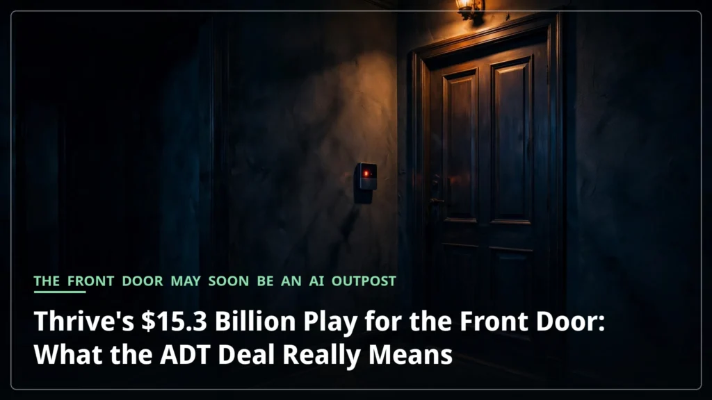 A glowing home security panel beside a front door in a dark entryway at night