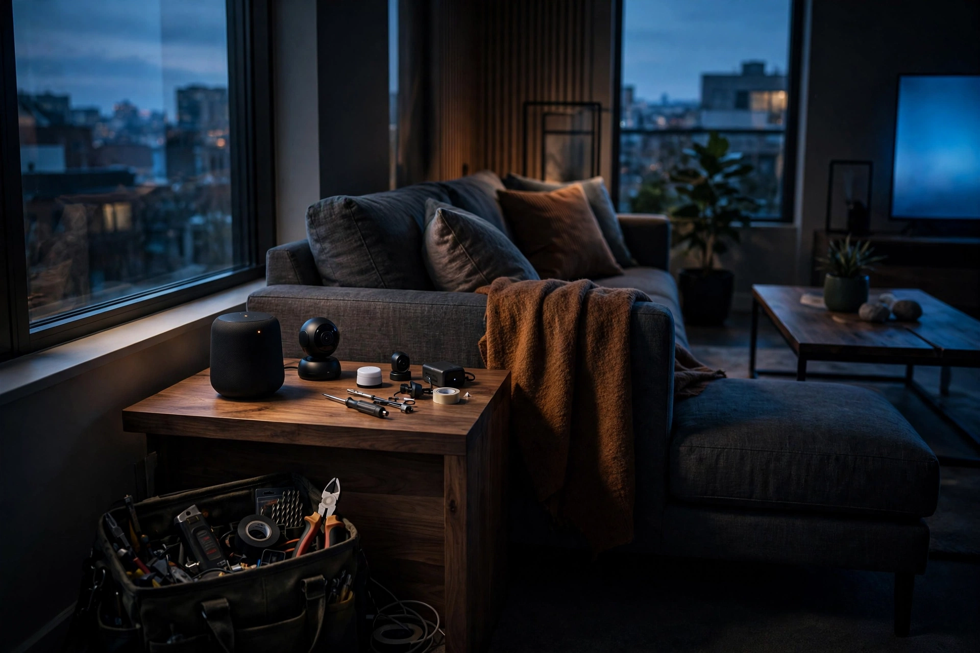 A modern living room at dusk with discreet smart-home devices