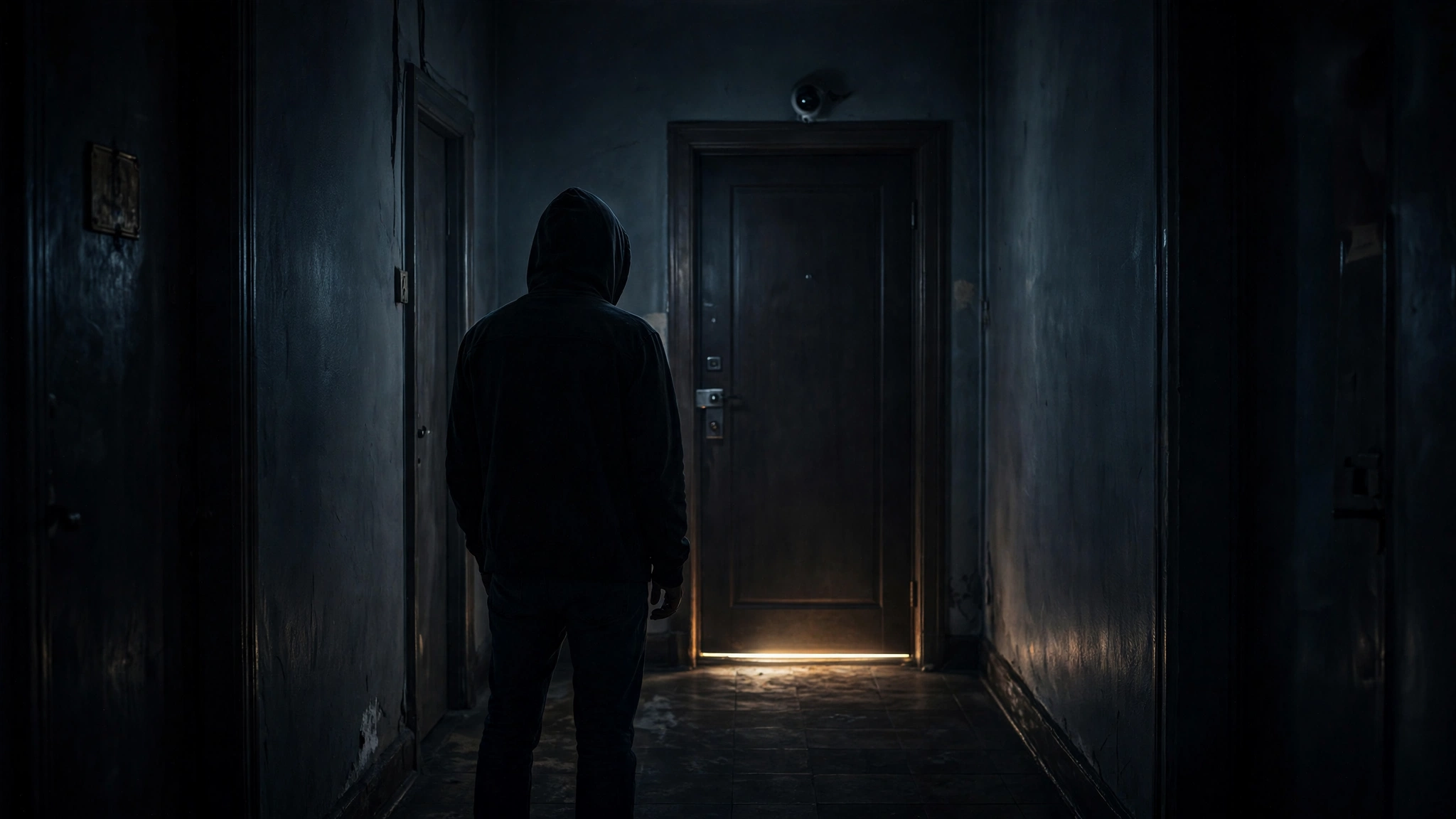A silhouetted figure standing before a front door at night