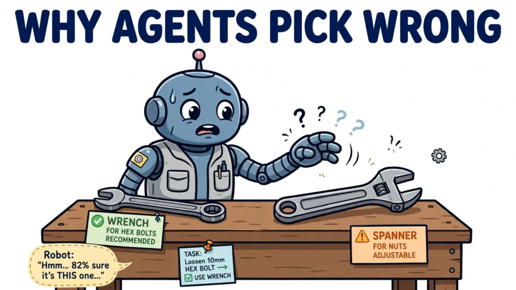 A cartoon robot hesitates between two nearly identical tools, unsure which one to pick — why AI agents pick the wrong tool.