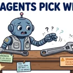 A cartoon robot hesitates between two nearly identical tools, unsure which one to pick — why AI agents pick the wrong tool.