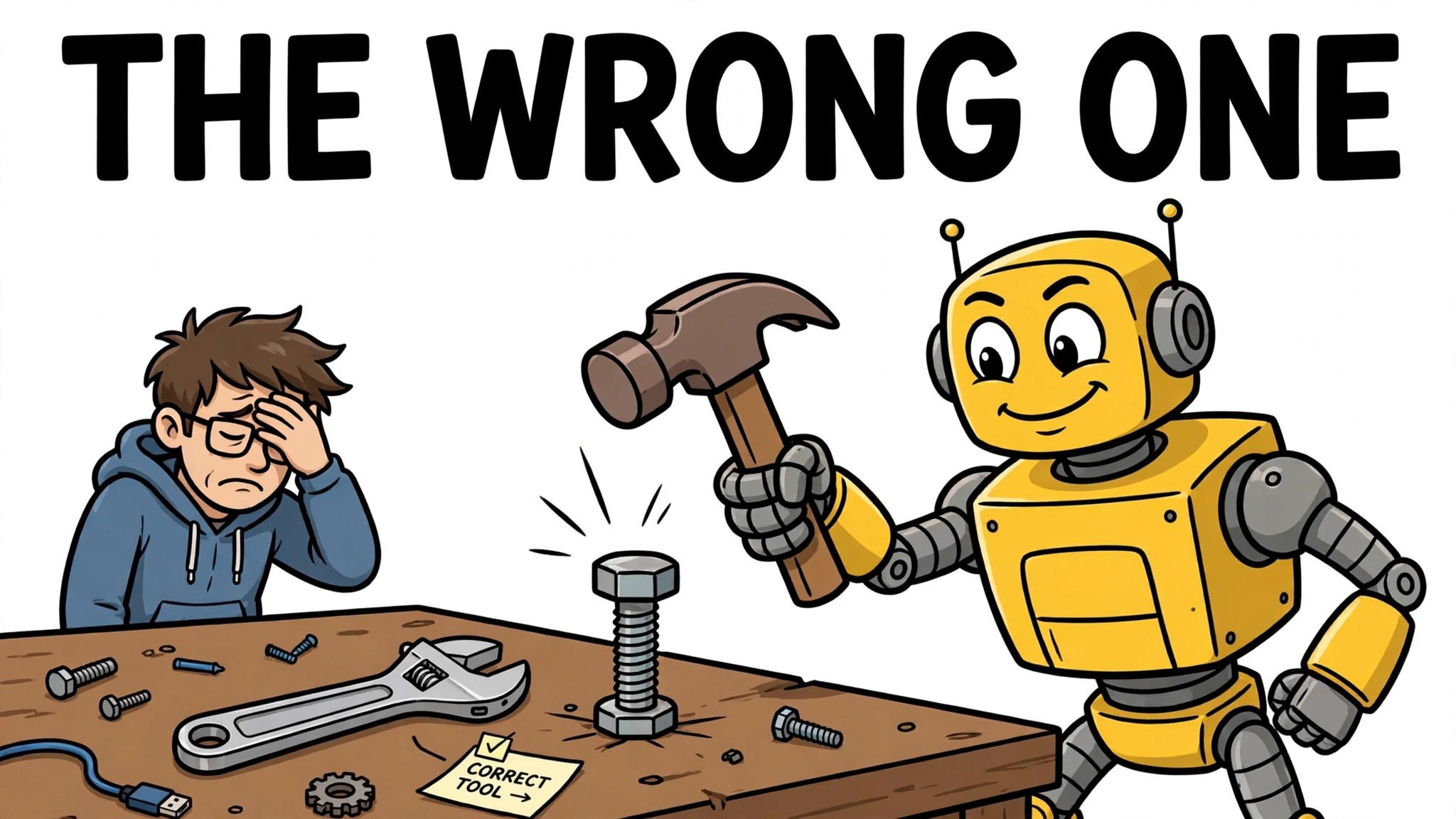 A cartoon robot swings a hammer at a bolt while the correct wrench lies unused and a developer facepalms.