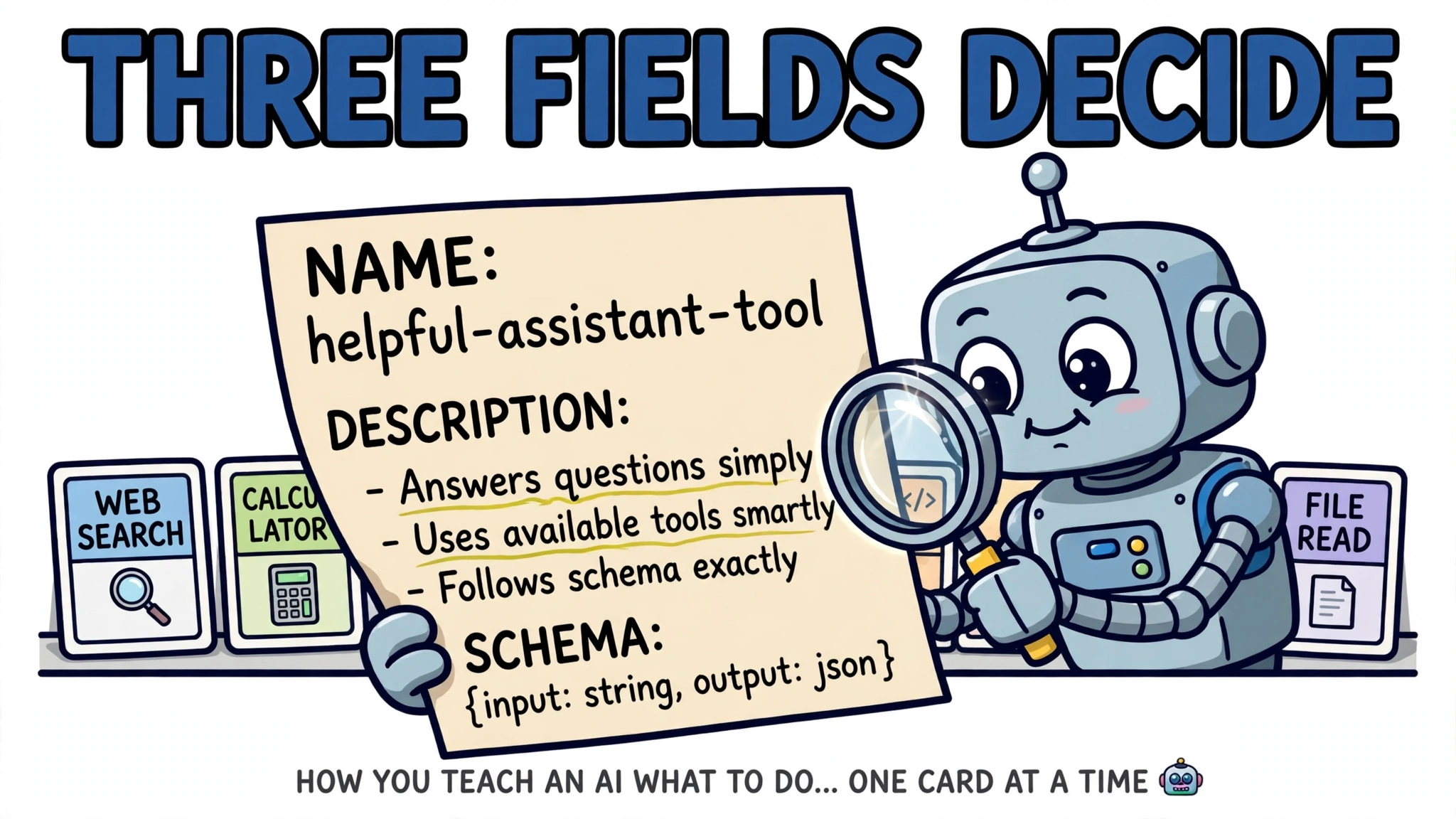 A cartoon robot reads a tool's name, description and schema card with a magnifying glass.