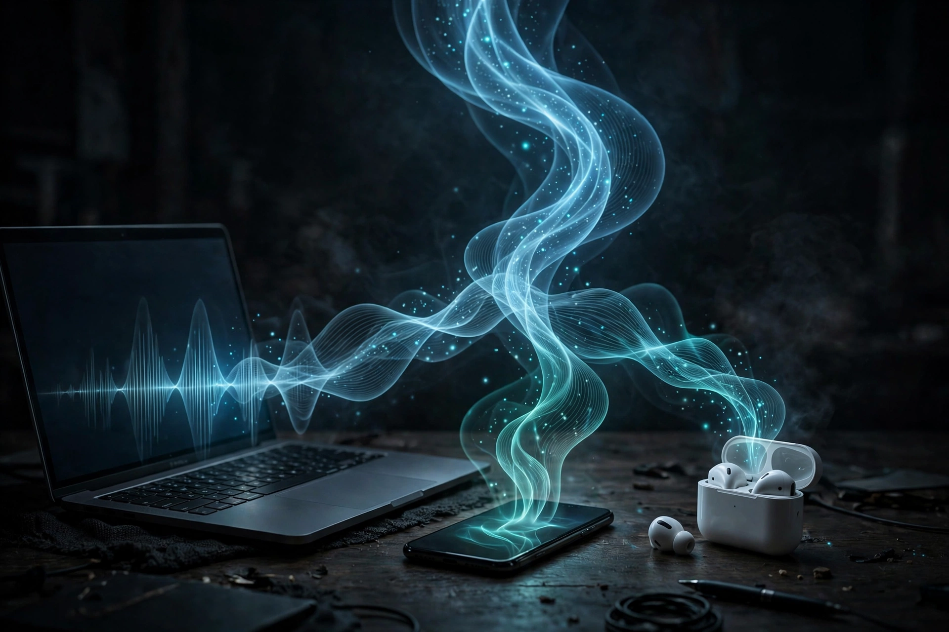 Devices on a dark desk with sound waves merging into one stream