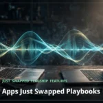 Two voice apps facing each other across a dark desk, glowing sound waves crossing between them