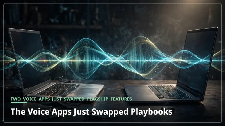 Two voice apps facing each other across a dark desk, glowing sound waves crossing between them