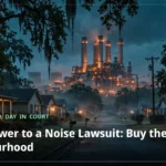 A quiet Southaven street at dusk with the glowing gas turbine plant looming behind the houses
