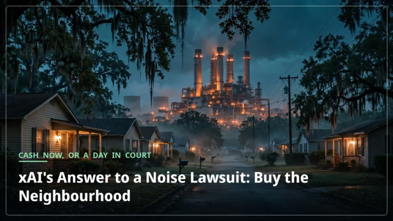 A quiet Southaven street at dusk with the glowing gas turbine plant looming behind the houses