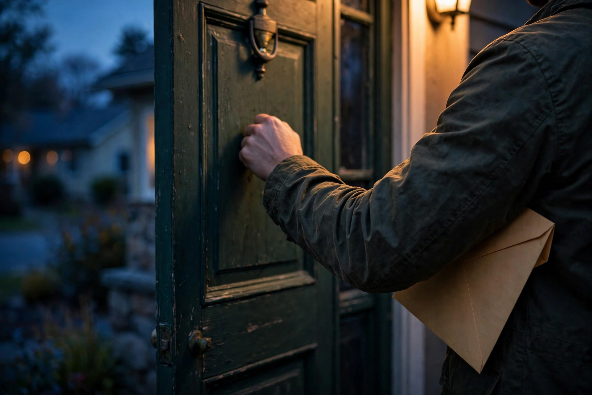 A hand knocking on a suburban front door at dusk, a manila envelope tucked under the arm